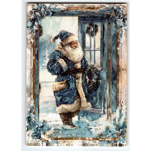 Blue Coat Santa Claus Christmas Lithograph Postcard 5.5x4" Holiday Greetings - Picture 1 of 2